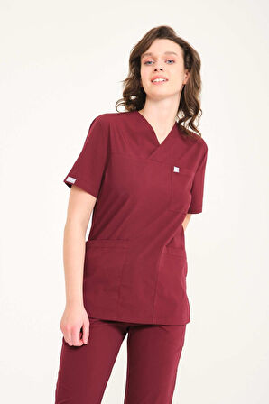 Bordo Likralı Zarf Yaka Scrubs Doktor Hemşire Forması Takım Unisex