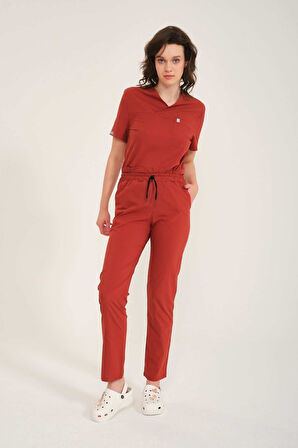 Kiremit Likralı Zarf Yaka Scrubs Doktor Hemşire Forması Takım Unisex