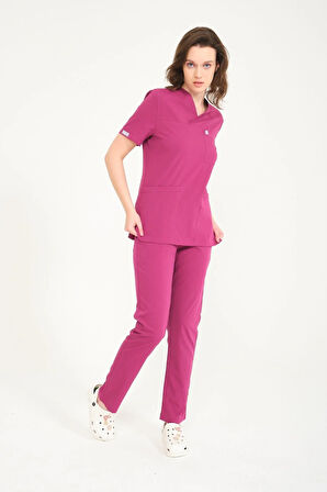 Vişne Likralı Zarf Yaka Scrubs Doktor Hemşire Forması Takım Unisex