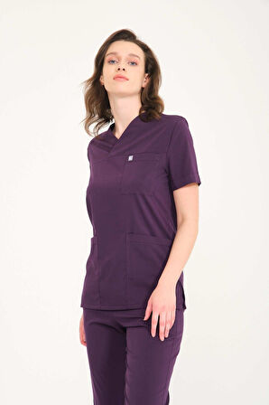 Koyu Mor Likralı Zarf Yaka Scrubs Doktor Hemşire Forması Takım Unisex