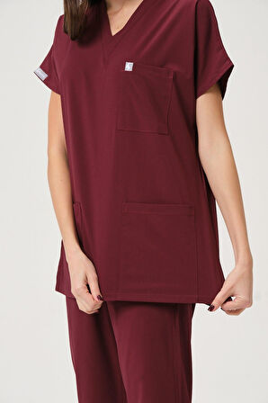 Bordo Likralı Scrubs Doktor Hemşire Forması Yarasa Kol Takım Unisex