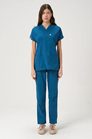 Turkuaz Likralı Scrubs Doktor Hemşire Forması Yarasa Kol Takım Unisex