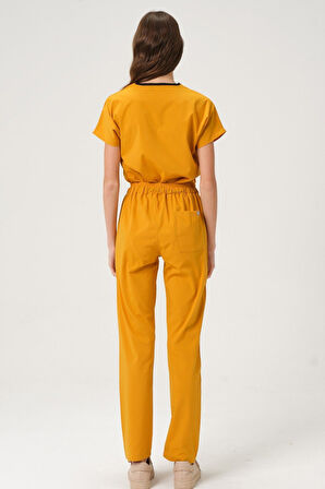 Hardal Likralı Scrubs Doktor Hemşire Forması Yarasa Kol Takım Unisex