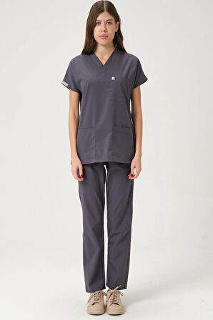 Füme Likralı Scrubs Doktor Hemşire Forması Yarasa Kol Takım Unisex