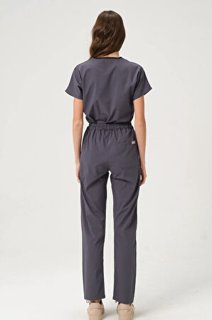 Füme Likralı Scrubs Doktor Hemşire Forması Yarasa Kol Takım Unisex