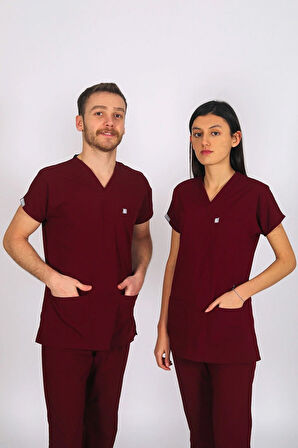 Bordo Likralı Scrubs Doktor Hemşire Forması Yarasa Kol Tek Üst Unisex