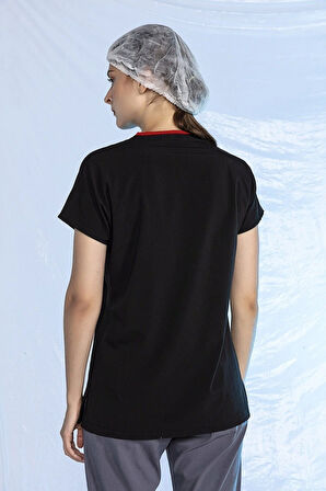 Siyah Likralı Scrubs Doktor Hemşire Forması Yarasa Kol Tek Üst Unisex