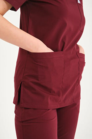 Bordo Likralı Zarf Yaka Scrubs Doktor Hemşire Forması Tek Üst Unisex