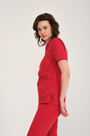 Kırmızı Likralı Zarf Yaka Scrubs Doktor Hemşire Forması Tek Üst Unisex