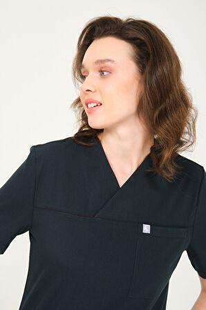 Ördek Yeşili Likralı Zarf Yaka Scrubs Doktor Hemşire Forması Tek Üst Unisex