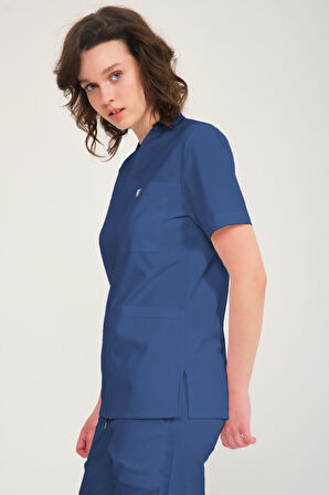 İndigo Likralı Zarf Yaka Scrubs Doktor Hemşire Forması Tek Üst Unisex