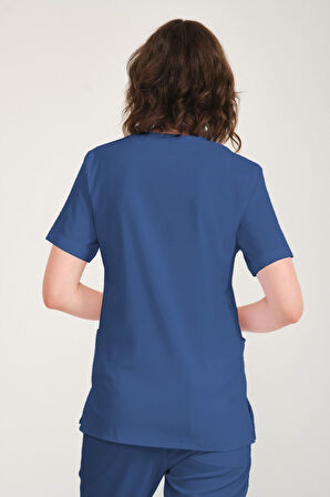 İndigo Likralı Zarf Yaka Scrubs Doktor Hemşire Forması Tek Üst Unisex