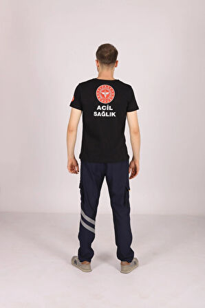 Siyah 112 Acil Sağlık V Yaka Tişört Unisex