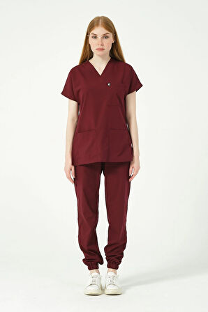 Bordo Likralı Scrubs Jogger Paça Doktor Hemşire Forması Yarasa Kol Takım Unisex