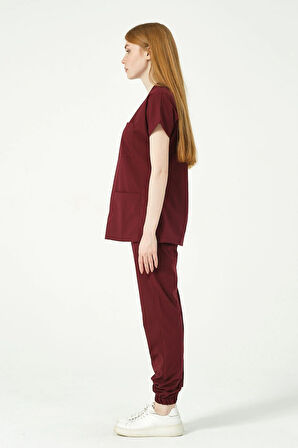 Bordo Likralı Scrubs Jogger Paça Doktor Hemşire Forması Yarasa Kol Takım Unisex