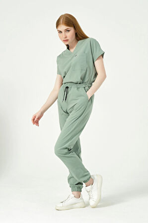 Çağla Yeşili Likralı Scrubs Jogger Paça Doktor Hemşire Forması Yarasa Kol Takım Unisex