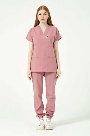 Gül Kurusu Likralı Scrubs Jogger Paça Doktor Hemşire Forması Yarasa Kol Takım Unisex