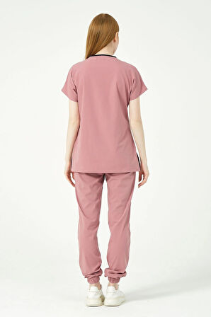 Gül Kurusu Likralı Scrubs Jogger Paça Doktor Hemşire Forması Yarasa Kol Takım Unisex