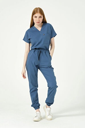 İndigo Likralı Scrubs Jogger Paça Doktor Hemşire Forması Yarasa Kol Takım Unisex