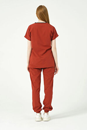 Kiremit Likralı Scrubs Jogger Paça Doktor Hemşire Forması Yarasa Kol Takım Unisex