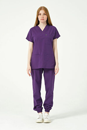 Mor Likralı Scrubs Jogger Paça Doktor Hemşire Forması Yarasa Kol Takım Unisex