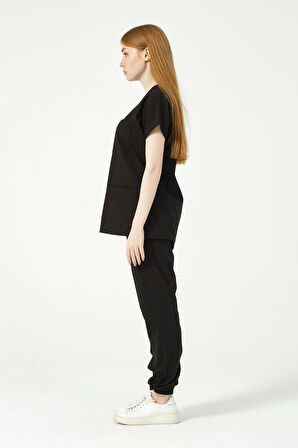 Siyah Likralı Scrubs Jogger Paça Doktor Hemşire Forması Yarasa Kol Takım Unisex