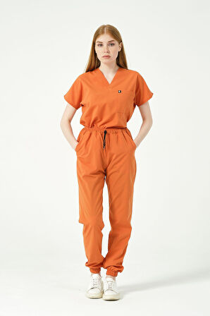 Somon Likralı Scrubs Jogger Paça Doktor Hemşire Forması Yarasa Kol Takım Unisex