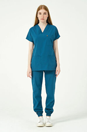 Turkuaz Likralı Scrubs Jogger Paça Doktor Hemşire Forması Yarasa Kol Takım Unisex