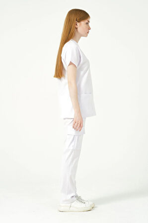 Beyaz Likralı Scrubs Kargo Cep Doktor Hemşire Forması Yarasa Kol Takım Unisex