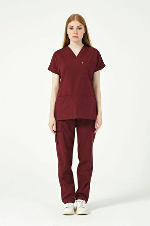 Bordo Likralı Scrubs Kargo Cep Doktor Hemşire Forması Yarasa Kol Takım Unisex