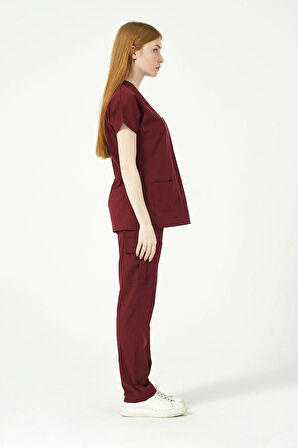 Bordo Likralı Scrubs Kargo Cep Doktor Hemşire Forması Yarasa Kol Takım Unisex