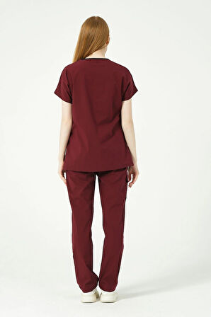 Bordo Likralı Scrubs Kargo Cep Doktor Hemşire Forması Yarasa Kol Takım Unisex