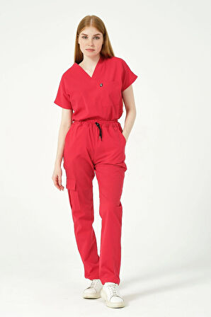 Nar Çiçeği Likralı Scrubs Kargo Cep Doktor Hemşire Forması Yarasa Kol Takım Unisex