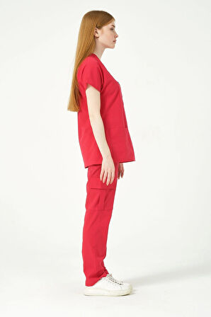 Nar Çiçeği Likralı Scrubs Kargo Cep Doktor Hemşire Forması Yarasa Kol Takım Unisex