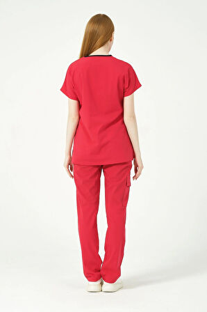 Nar Çiçeği Likralı Scrubs Kargo Cep Doktor Hemşire Forması Yarasa Kol Takım Unisex