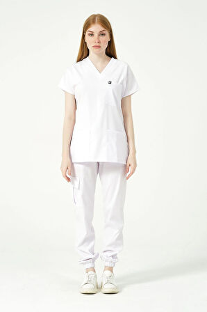 Beyaz Likralı Scrubs Kargo Cep Jogger Paça Doktor Hemşire Forması Yarasa Kol Takım Unisex