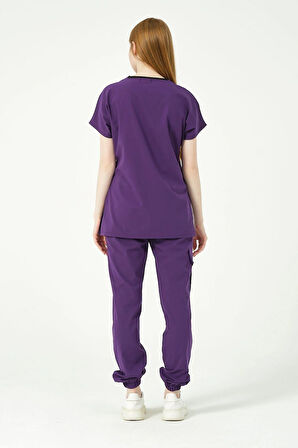 Mor Likralı Scrubs Kargo Cep Jogger Paça Doktor Hemşire Forması Yarasa Kol Takım Unisex