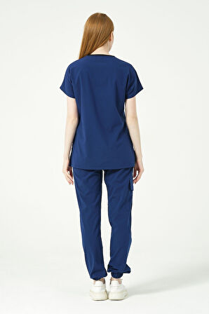 Saks Mavi Likralı Scrubs Kargo Cep Jogger Paça Doktor Hemşire Forması Yarasa Kol Takım Unisex