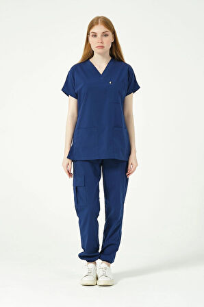 Saks Mavi Likralı Scrubs Kargo Cep Jogger Paça Doktor Hemşire Forması Yarasa Kol Takım Unisex