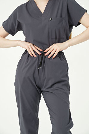 Füme Likralı Jogger Paça Doktor Hemşire Forması Tek Alt Unisex