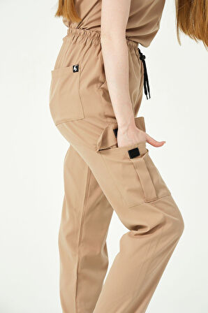 Bej Likralı Kargo Cep Doktor Hemşire Forması Tek Alt Unisex