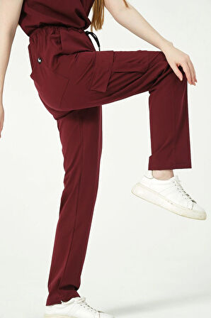 Bordo Likralı Kargo Cep Doktor Hemşire Forması Tek Alt Unisex