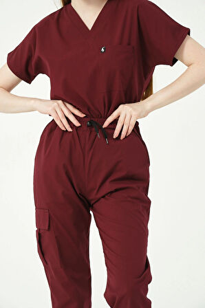 Bordo Likralı Kargo Cep Jogger Paça Doktor Hemşire Forması Tek Alt Unisex