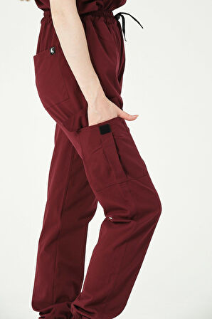 Bordo Likralı Kargo Cep Jogger Paça Doktor Hemşire Forması Tek Alt Unisex
