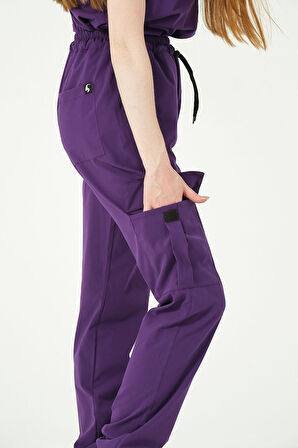 Mor Likralı Kargo Cep Jogger Paça Doktor Hemşire Forması Tek Alt Unisex