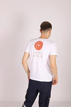Beyaz 112 Acil Sağlık V Yaka Tişört Unisex