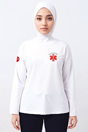 Beyaz Paramedik Bisiklet Yaka Uzun Kollu Tişört Unisex