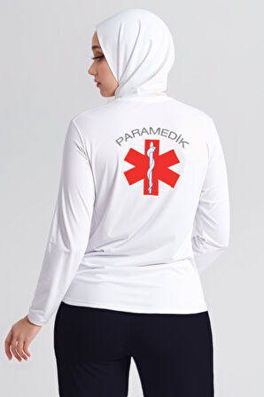 Beyaz Paramedik Bisiklet Yaka Uzun Kollu Tişört Unisex