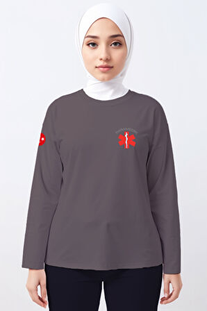 Gri Paramedik Bisiklet Yaka Uzun Kollu Tişört Unisex