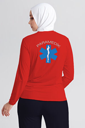 Kırmızı Paramedik Bisiklet Yaka Uzun Kollu Tişört Unisex